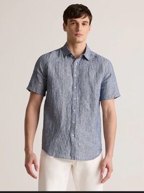 Quince Navy and White Pinstripe Linen Short-Sleeve Shirt Men’s size M NWT